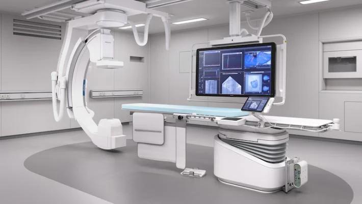 Angiography suite with imaging equipment